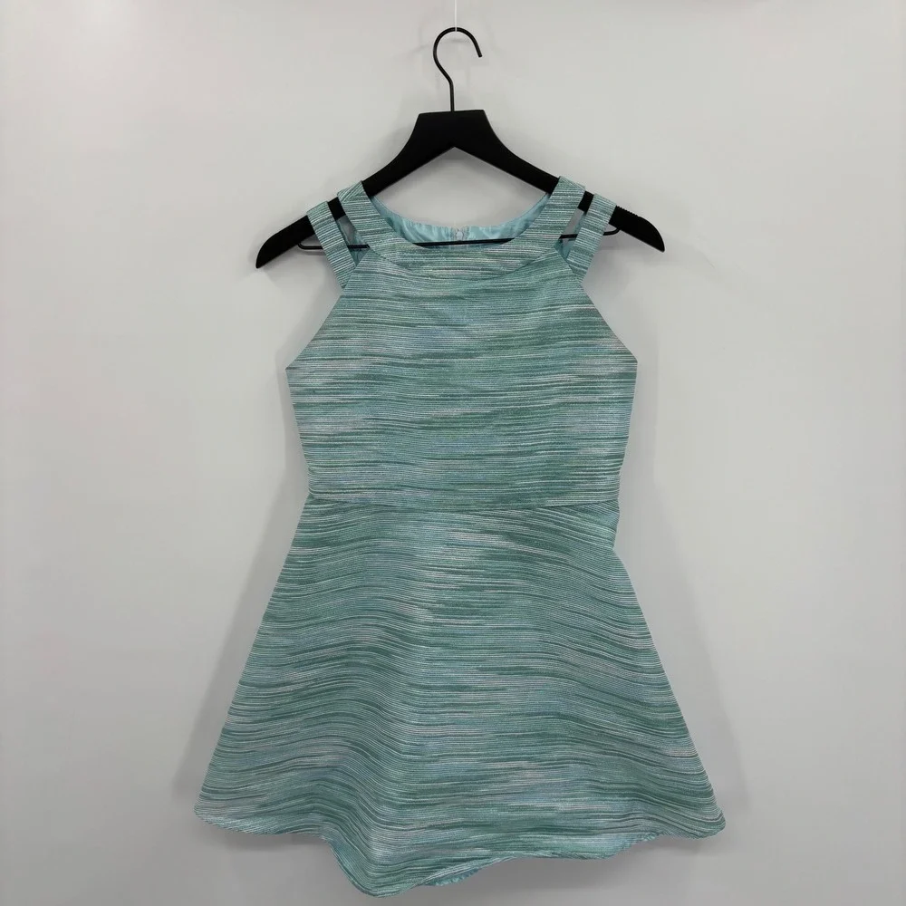 The Childrens Place Girls Striped Fit & Flare Party Dress Girls 16 Teal Metallic